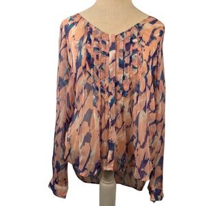 Maeve Anthropologie Silk Blouse SZ 4 Sheer Pink Blue Purple Abstract Long Sleeve